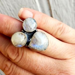 New Rainbow Moonstone 925 Silver Ring.